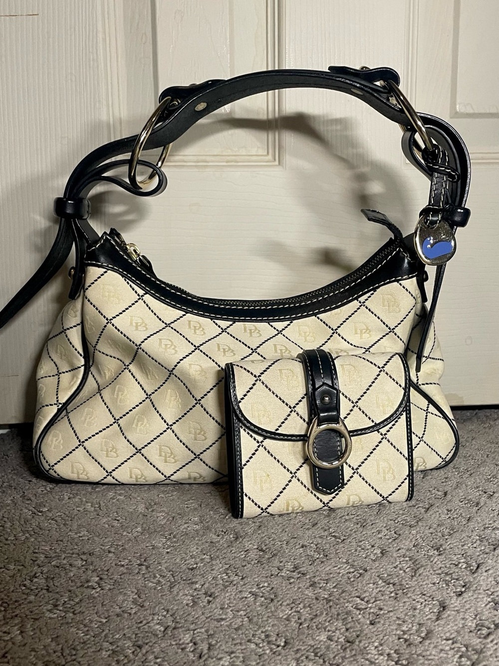 Dooney & Bourke Cream and Black Quilt Medium Shoulder Bag with Matching Wallet